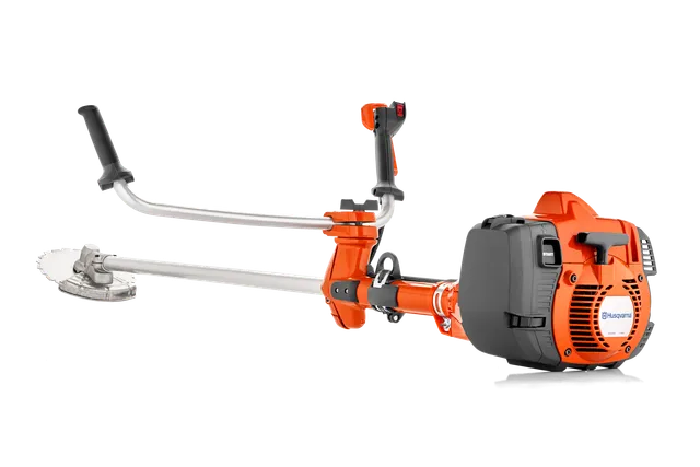 Side view of a Husqvarna brushcutter with ergonomic handles and a visible blade.