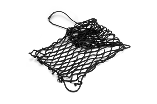 Bovenaanzicht van een zwart vrachtnet met haken, ontworpen voor het vastzetten van items.