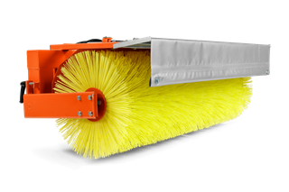Side view of a construction brush attachment with bristles and metal cover.