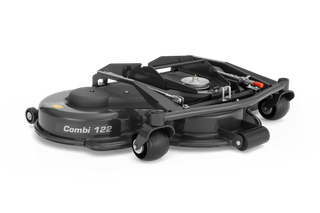 Side view of a Combi 122 cutting deck, showcasing its wheels and mechanical components.