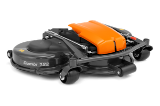 Side view of a Husqvarna Combi 122 cutting deck attachment for a lawn mower.