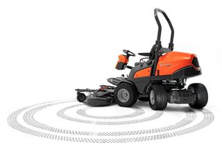 Rear view of a Husqvarna commercial front mower with cutting deck.