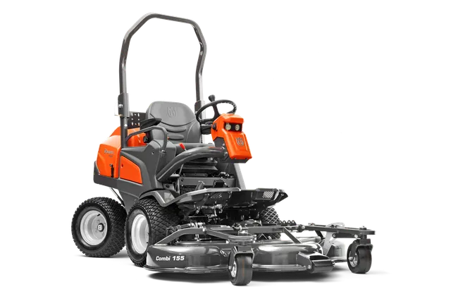 Front view of a Husqvarna commercial front mower with cutting deck.