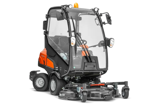 Front view of a Husqvarna commercial front mower with cutting deck.