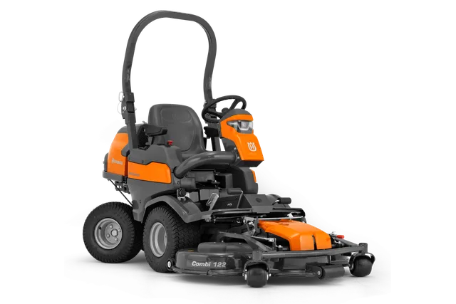 Front view of a Husqvarna commercial front mower with cutting deck.
