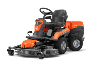 Side view of a commercial front mower with cutting deck.