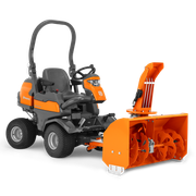 Side view of a Husqvarna ride-on mower equipped with a snow blower attachment.