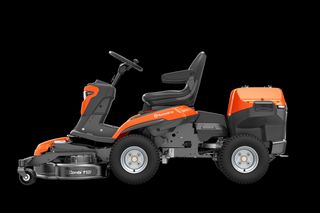 Side view of a commercial front mower with cutting deck.