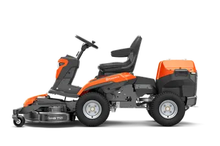 Side view of a commercial front mower with cutting deck.