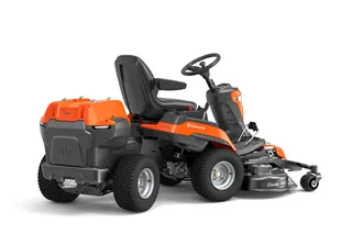 Rear view of a commercial front mower with cutting deck.
