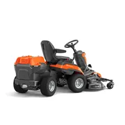 Rear view of a commercial front mower with cutting deck.