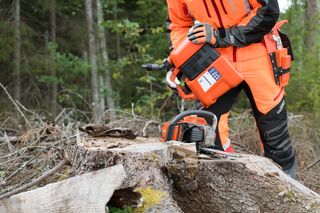 Osoba používající motorovou pilu k řezání pařezu v lesním prostředí.