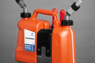 Front view of a Husqvarna dual-container fuel canister with attached spouts.