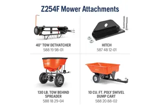 Image showing four Husqvarna Z254F mower attachments: a 40" tow dethatcher, a hitch, a 130 lb. tow behind spreader, and a 10 cu. ft. poly swivel dump cart.