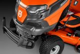 Front view of a Husqvarna ride-on mower highlighting its robust design.