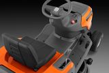 Top view of a ride-on mower's seat and steering wheel.