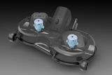 Top view of a dual-blade cutting deck for a lawn mower.