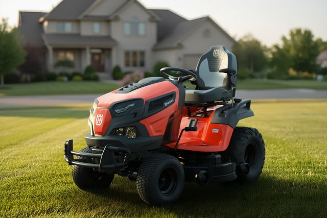 A Husqvarna ride-on mower parked on a lawn in front of a suburban house.
