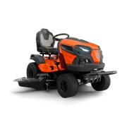 Front view of a ride-on lawn mower with visible seat and steering wheel.