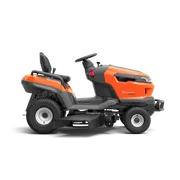 Side view of a ride-on lawn mower with cutting deck.