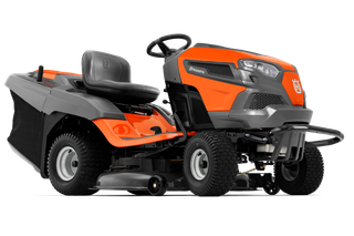 Side view of a Husqvarna ride-on mower with grass collection attachment.