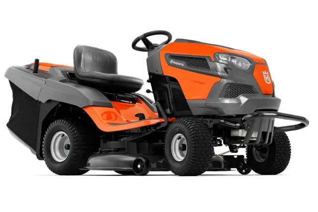 Side view of a Husqvarna ride-on mower with grass collection attachment.