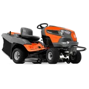 Husqvarna TC 138T. Side view of a Husqvarna ride-on mower with grass collection attachment.