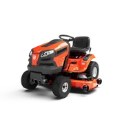 Side view of a Husqvarna ride-on lawn mower with a cutting deck.