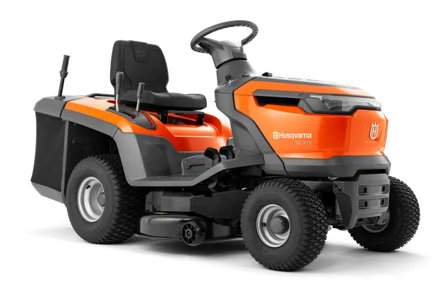 Nähtava rooli ja istmega Husqvarna pealistuva muruniiduki külgvaade.