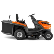 Külgvaade Husqvarna muruniidukist koos murukogujaga.