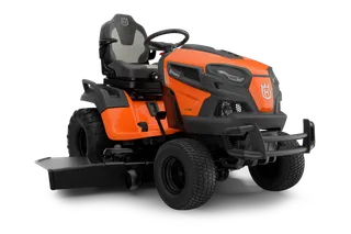 Front view of a Husqvarna ride-on lawn mower with a cutting deck.