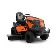 Front view of a Husqvarna ride-on lawn mower with a cutting deck.