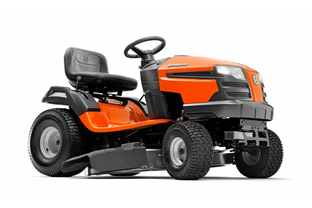 Side view of a Husqvarna ride-on lawn mower with cutting deck.