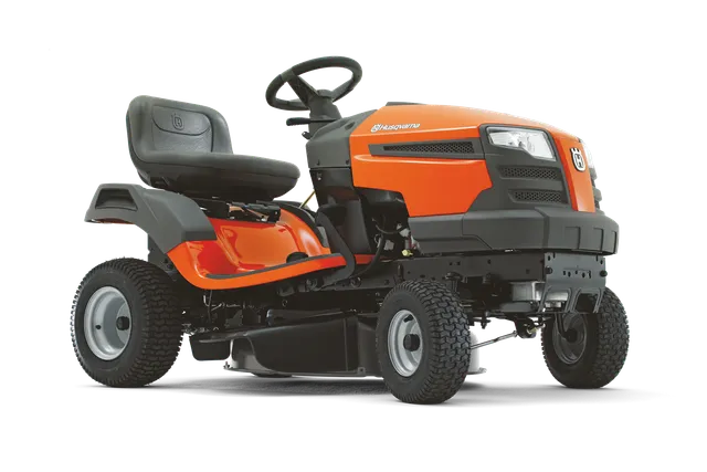 HUSQVARNA LTH19530. Side view of a Husqvarna ride-on mower showcasing its seat and steering wheel.