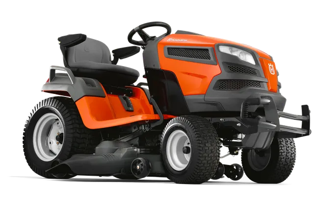 Side view of a Husqvarna ride-on lawn mower with visible cutting deck.