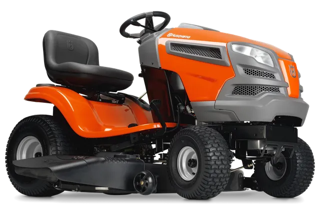 Side view of a Husqvarna ride-on lawn mower with cutting deck.