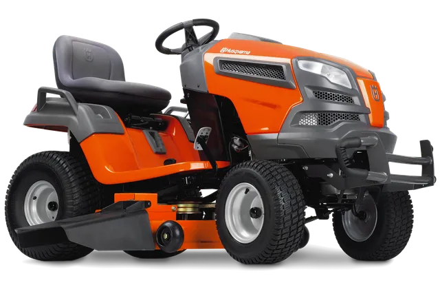 Side view of a Husqvarna ride-on lawn mower with cutting deck.