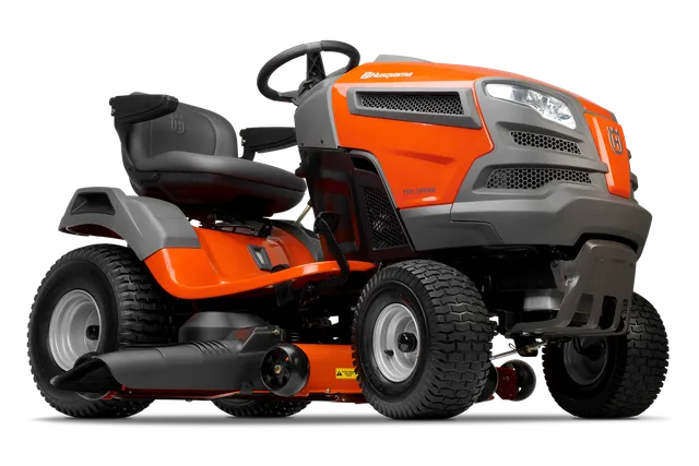 Side view of a Husqvarna ride-on mower with cutting deck.
