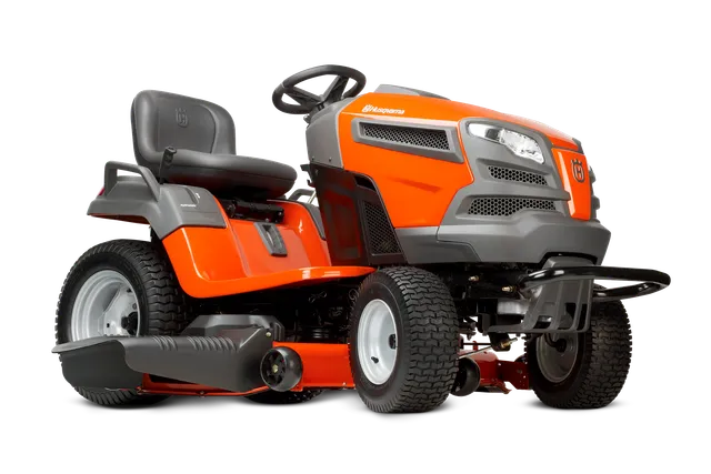 Side view of a Husqvarna ride-on lawn mower with cutting deck.