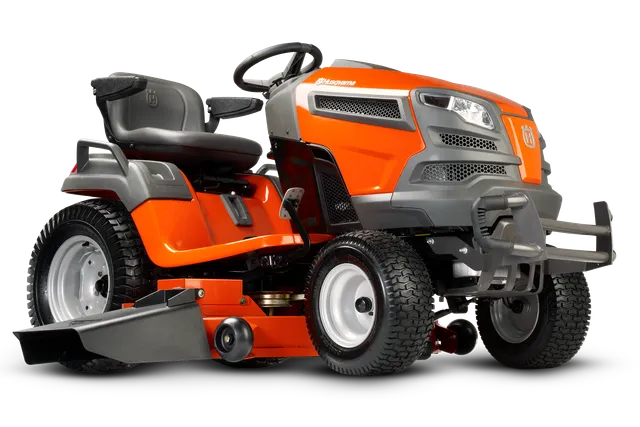 Side view of a Husqvarna ride-on lawn mower showcasing its design and cutting deck.