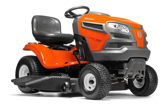 Front view of a Husqvarna ride-on mower showcasing its design and features.