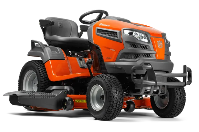 Side view of a Husqvarna ride-on mower with cutting deck.