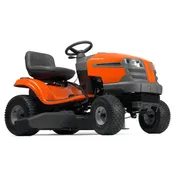 Side view of a Husqvarna ride-on lawn mower with visible steering wheel and seat.