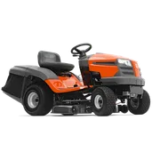 TC 138. มุมมองด้านข้างของเครื่องตัดหญ้าแบบนั่ง Husqvarna พร้อมดาดฟ้าตัดที่มองเห็นได้