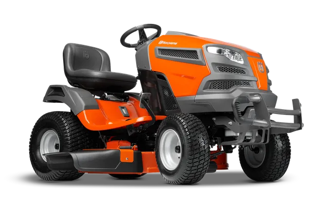 Side view of a Husqvarna ride-on mower with cutting deck.