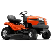 Side view of a Husqvarna ride-on lawn mower with cutting deck.