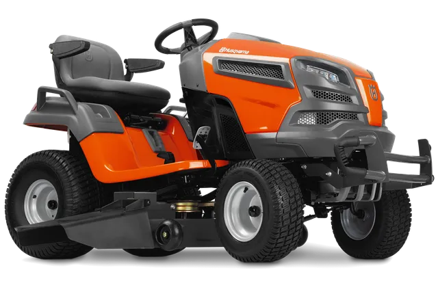 Side view of a Husqvarna ride-on mower showcasing its robust design.