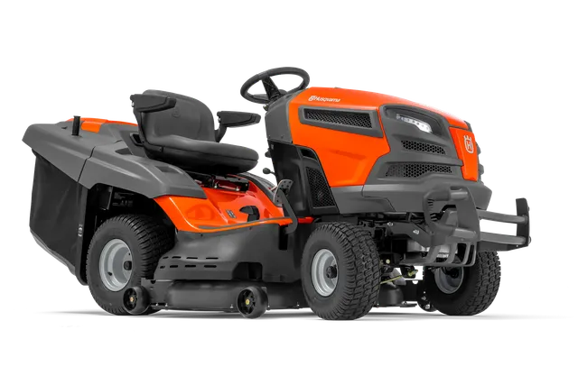 Вид збоку на косарку-трактор Husqvarna, що демонструє її конструкцію та функції.