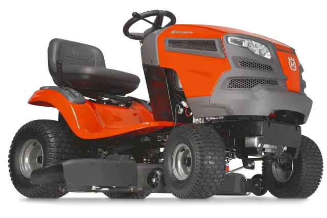 Side view of a Husqvarna ride-on mower with cutting deck.