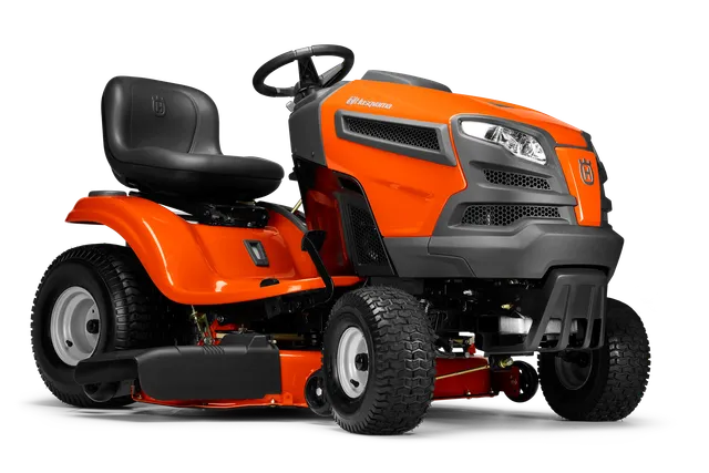 Side view of a Husqvarna ride-on lawn mower with cutting deck.